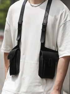 Modern black PU leather chest rig bag with adjustable straps and double flap pockets