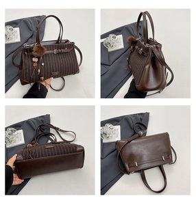 Detailed views of a dark brown striped tote with leather patchwork and tassel charm