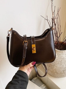 Women Minimalist PU Leather Underarm Shoulder Bag Vintage Solid Color Handbag With Metal Lock Adjustable Strap Fashion