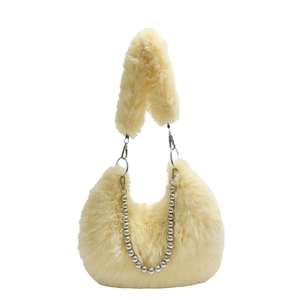 Chic plush crescent bag in soft yellow with pearl chain and fluffy shoulder strap