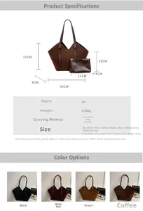 Size chart showing large tote and pouch dimensions in four colors for retro PU bags