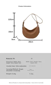 Detailed dimension chart for brown pebble leather crescent crossbody bag and strap size