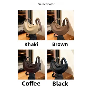 Selection of crescent leather crossbody bags in khaki, brown, coffee, and black