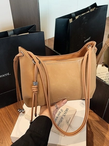 Retro PU Leather Bucket Bag For Women Korean Solid Color Shoulder Bag With Drawstring Stitching Fashion Handbag