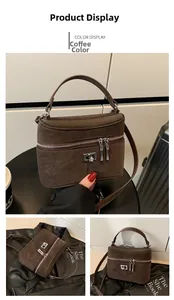 Détail du sac à main rétro en cuir mat café avec fermoir rotatif en métal et double zip