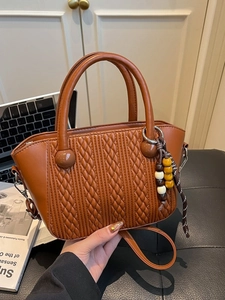 Caramel retro woven pattern bucket bag with pleated PU leather and decorative beads