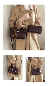 Detail of dark brown tote bag with metal twist lock, inner pouch, and beaded tassel charm