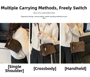 Brown vintage rivet bag shown in three ways: shoulder, crossbody, and handbag style