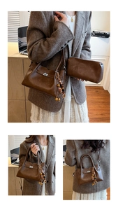 Brown vintage leather handbag set with adjustable strap and colorful bead charm
