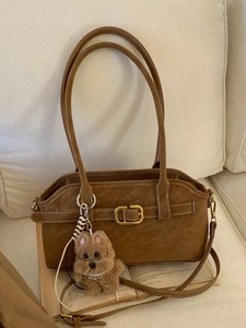 Women Vintage PU Leather Underarm Bag Minimalist Square Shoulder Bag With Plush Puppy Pendant Retro Chic Daily Handbag