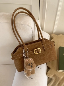 Retro brown frosted leather underarm bag with cute puppy pendant and gold buckle