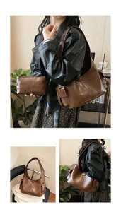 Brown vintage wax leather hobo bag and matching pouch shown in a three-panel model view