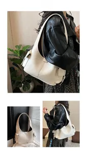 Detailed views of a cream vintage oil wax leather shoulder bag on a female model