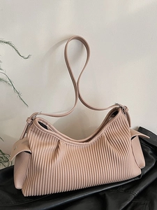 Large capacity pleated beige shoulder bag with side pockets for women in autumn style