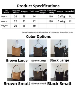 Tableau détaillé des tailles pour sac seau rétro en similicuir à grande capacité de rangement