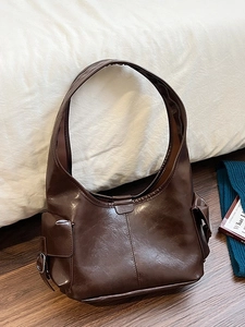 Vintage dark brown oil wax leather large hobo shoulder bag with side buckle pockets