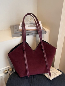 Retro burgundy suede tote bag with V-shaped opening and large capacity for daily use
