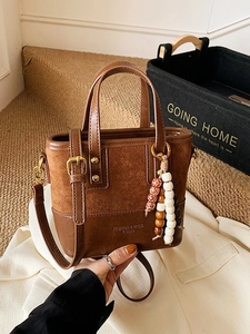 Retro brown leopard print handbag with plush texture and beaded charm for daily commute