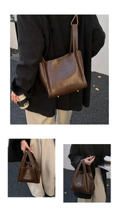 Mehrere Ansichten einer braunen Retro-Leder-Eimertasche mit Tragegriff und Schultergurt