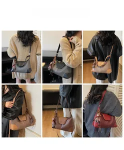 Collage of chic houndstooth patchwork suede shoulder bags in black, khaki and burgundy colors