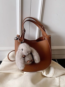 Vintage Lychee Texture PU Leather Bucket Bag For Women Fashion Crossbody Shoulder Handbag With Plush Rabbit Pendant