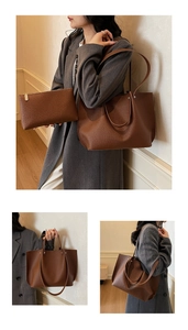 Detailed view of brown lychee texture tote bag with matching zipper pouch and long strap