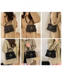 Multiple views of a vintage matte handbag with metal buckle worn with a trench coat