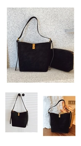 Sac seau noir minimaliste avec fermoir doré et petite pochette assortie en set
