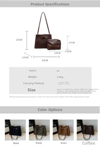 Detailed size chart and parameter list for the retro PU leather tote bag set