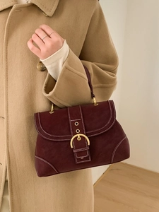 Vintage PU Leather Handbag For Women Contrast Stitching Large Golden Buckle Commuter Flap Shoulder Crossbody Bag