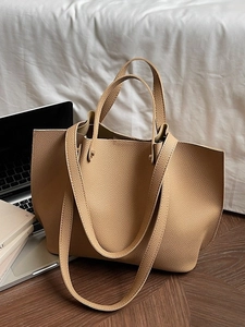 Women's camel leather tote bag with pebble texture and large capacity for daily commute