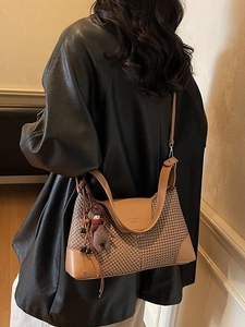 Brown houndstooth suede crossbody bag for women with leather trim and cute bear charm