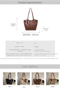 Size chart for high-capacity PU tote bag with detailed dimensions and material info