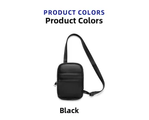 Detail view of black litchi pattern leather crossbody bag with adjustable strap and front pocket