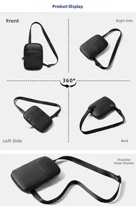 Detailed multi-angle views of a black pebbled leather crossbody bag with nylon strap