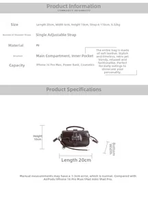 Detailed size chart for retro PU handbag showing dimensions 20x6x10cm and internal structure