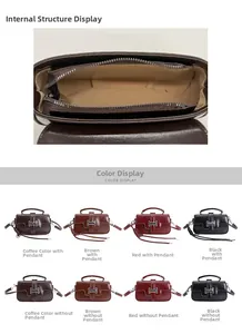 Detail view of small retro square bags showing internal zipper pocket and color options