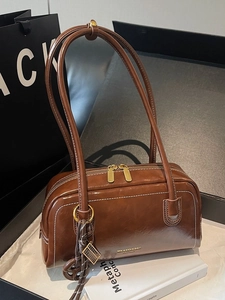 Sac Sous le Bras en Cuir PU Vintage Femmes Mode Surpiqûres Contrastées Petit Sac Oreiller Boston Sac à Épaule Urbain