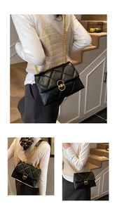 Three-way view of a black quilted chain bag with gold ring lock shown on shoulder