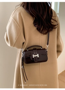 Detail of dark brown polished leather crossbody bag with silver H buckle and top handle