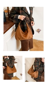 Detail of a brown suede hobo bag with moon-shaped pleats and premium leather strap
