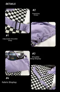 Detail view of purple canvas bag showing adjustable strap and drawstring closure design