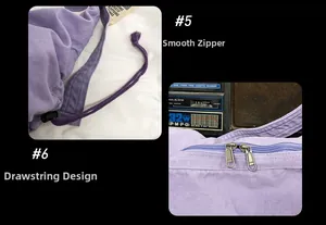 Detailed view of the purple canvas bag featuring a dual zipper and drawstring design