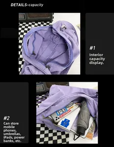 Detail view of large purple canvas tote interior showing main compartment and zipper pocket