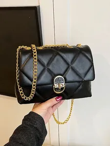 Women Elegant Quilted Chain Crossbody Bag PU Leather Rhombus Pattern Shoulder Square Bag With Metal Lock Daily Fashion