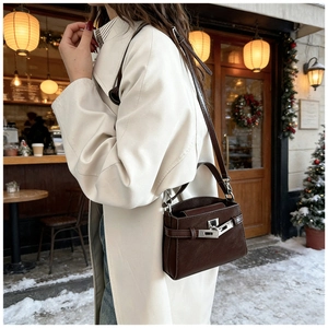 Detailed view of the dark brown leather texture and silver twist lock on the handbag