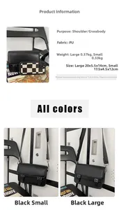 Size comparison and specifications chart for black PU leather crossbody square bags