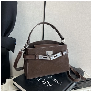 Detail of a dark brown vintage leather handbag with silver lock and buckle details