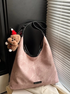 Pink large capacity faux leather hobo tote bag with black strap and bear charm