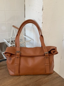 Caramel large tote bag with litchi texture and minimalist folding design for women